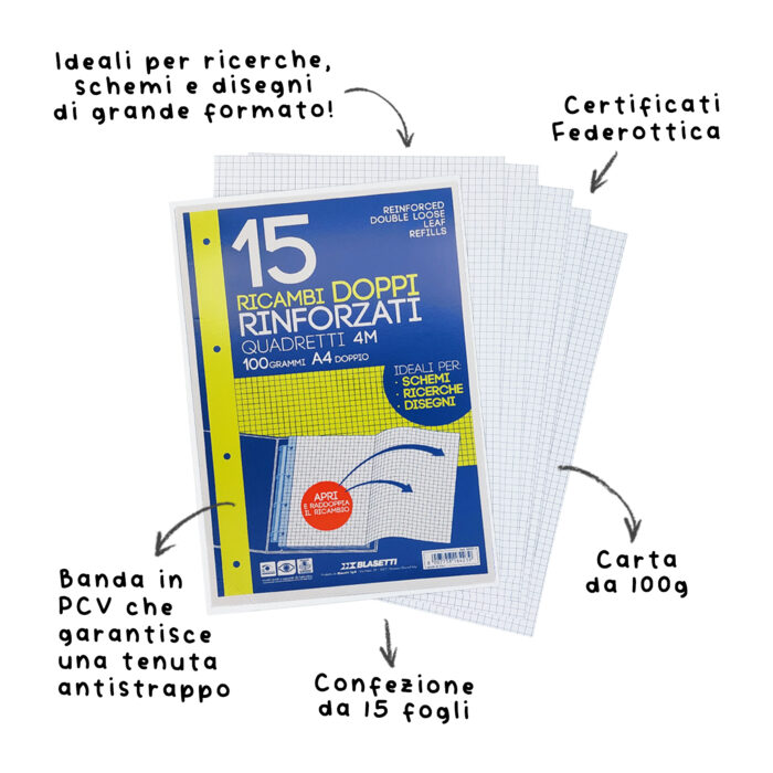 Pack 15 Ricambi DOPPI ideali per schemi, ricerche, disegni. Fogli formato A4 doppio, carta da 100gr, con fori d'archiviazione - immagine 3